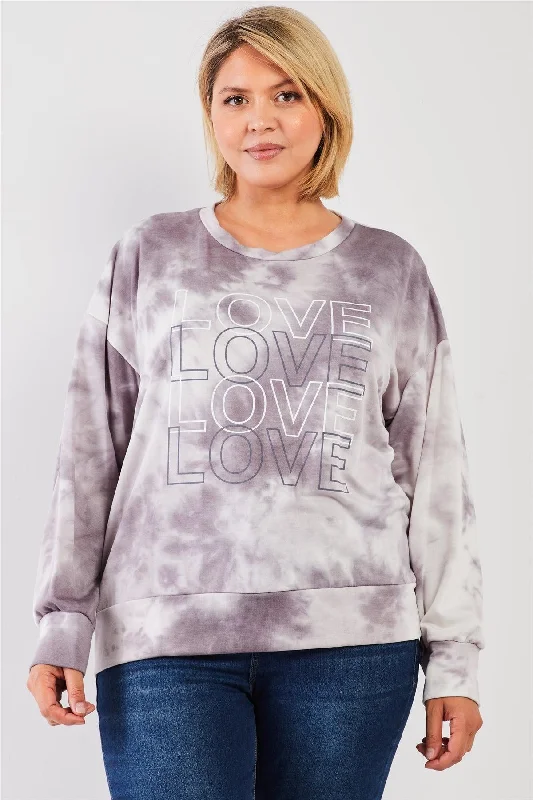 Junior Plus Grey Tie-Dye "LOVE" Crew Neck Dropped Shoulders Long Sleeve Top /3-2-1