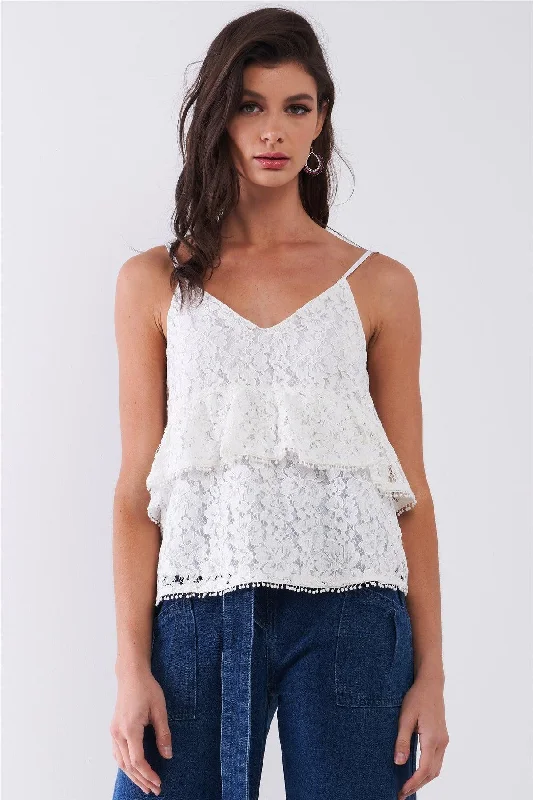 White Sleeveless Floral Crochet V-Neck Layered Relaxed Top /1-2-2-1VNeckTopBronze