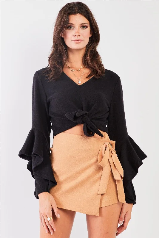 Black Fuzzy Long Ruffle Sleeve V-Neck Self-Tie Front Detail Cropped Top /2-2-2VNeckTopEmerald