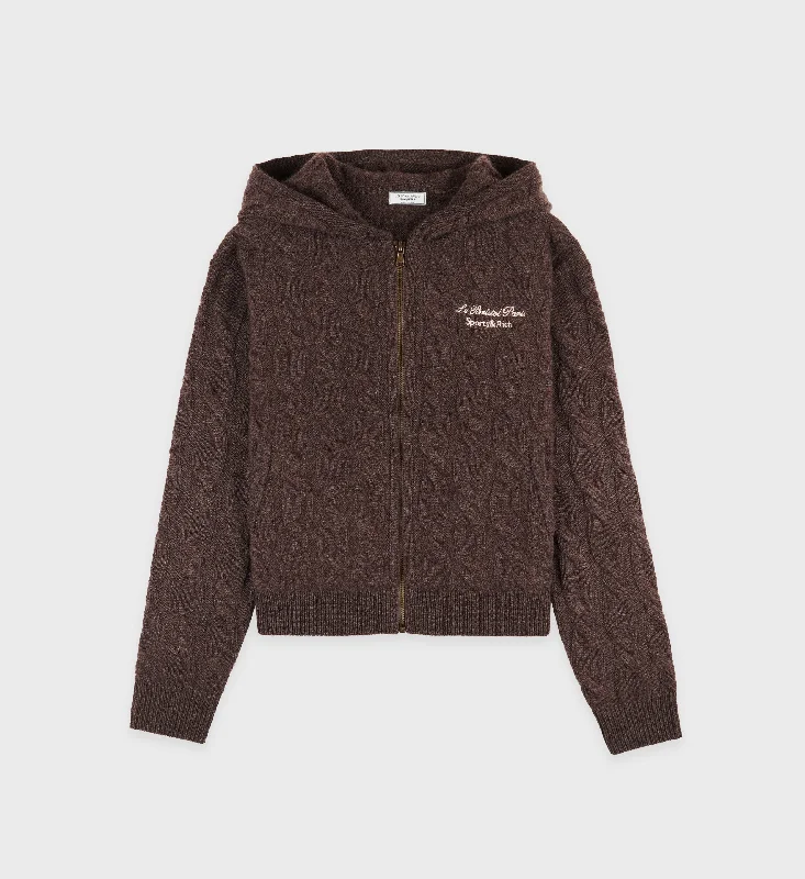 Faubourg Cableknit Wool Cashmere Zip Hoodie - Chocolate/CreamKnit Turtleneck