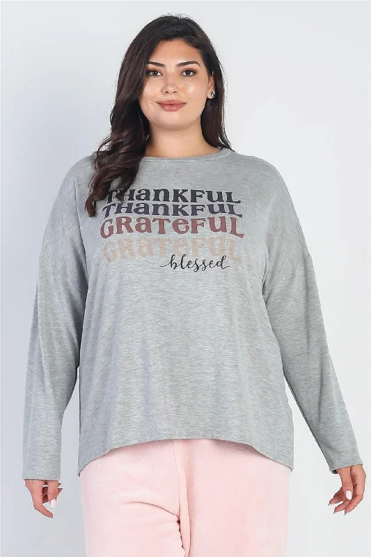 Junior Plus Heather Grey "Thankful" Long Sleeve Top /3-2-1