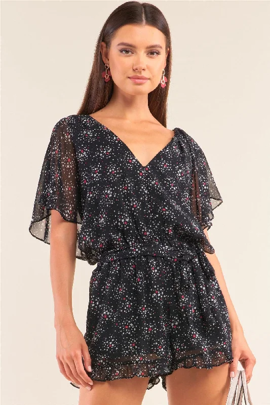 Astra Black Multicolor Star Print Flare Sleeve V-Neck Ruffle Self-Tie Waist Romper /1-2-2-1VNeckTopGalaxy