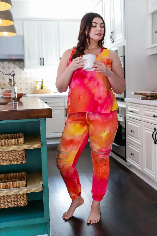 Frayed PantsJunior Plus Hot Pink Tie-Dye Tank Top & Ripped Sweatpants Set