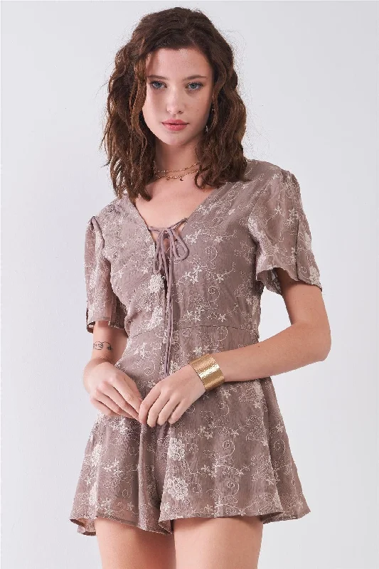 Taupe Floral Embroidery Lace-Up Front V-Neck & Back Slit Sleeve Detail Romper /2-2-2VNeckTopPlus