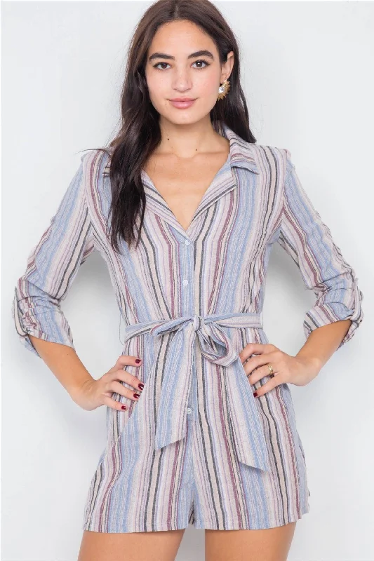 Lilac Taupe Cotton V-Neck Multi Stripe Short Romper /3-2-1VNeckTopVibe