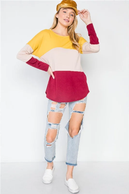 Mustard Red Colorblock Long Sleeve Sweater /2-2-1