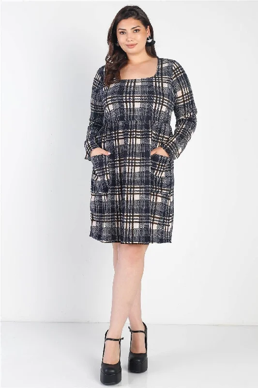 Junior Plus Black Plaid Houndstooth Print Long Sleeve Mini Dress /2-2-1