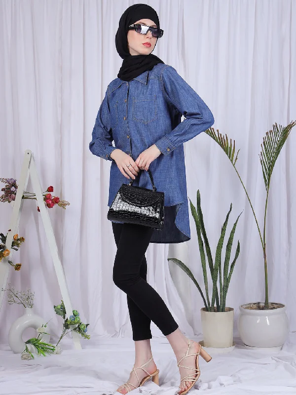 Blue Denim Front Open Modest Shirt For WomenGraphic Shirts