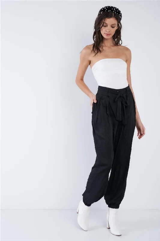 Carpenter PantsBlack Crushed Satin Cinched Ankle Cuff Self Tie Waist Sash Pants /3-2-1