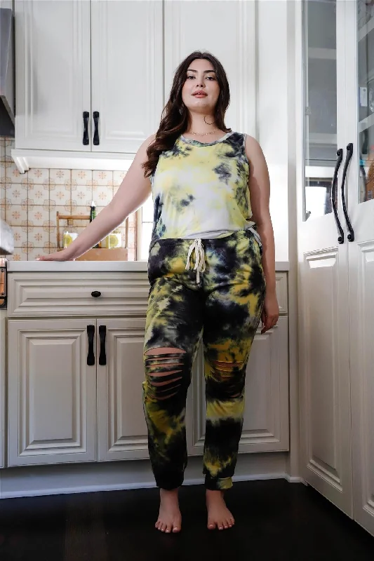 Cropped PantsJunior Plus Black & Yellow Tie-Dye Tank Top & Ripped Sweatpants Set