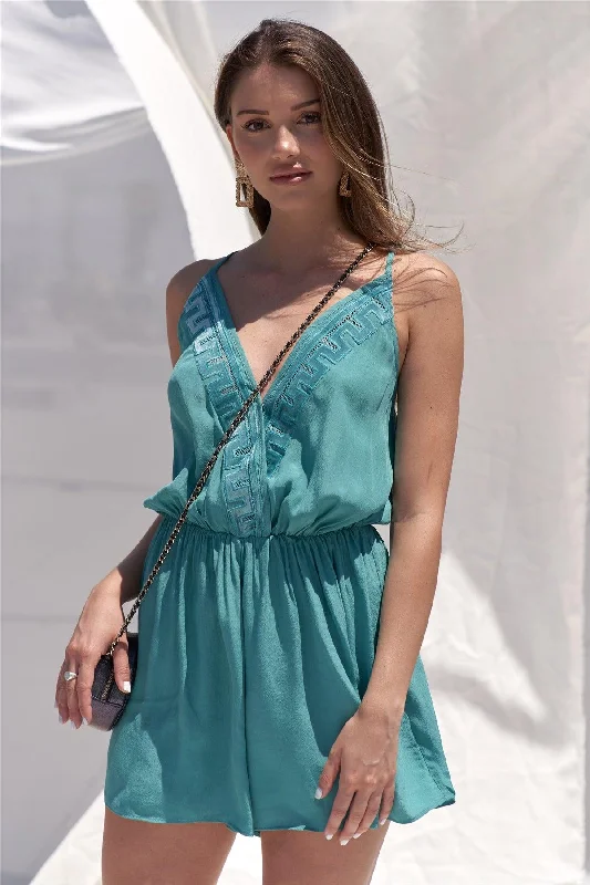 Teal Greek Embroidery Velvet V-Neck Romper /1-2-2-1VNeckTopPegasus