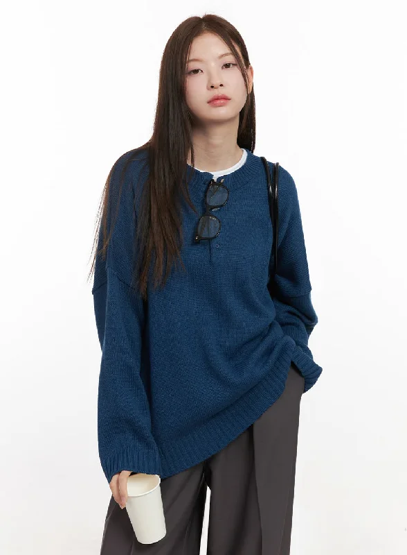 Oversized Half-Button Sweater IJ527Knitted Winter