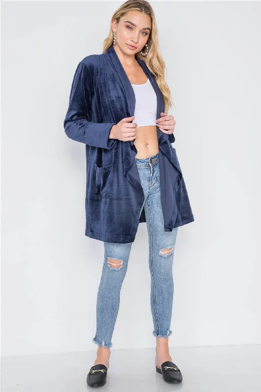 Navy Open Front Long Sleeve Soft Velvet Cardigan /3-1-2