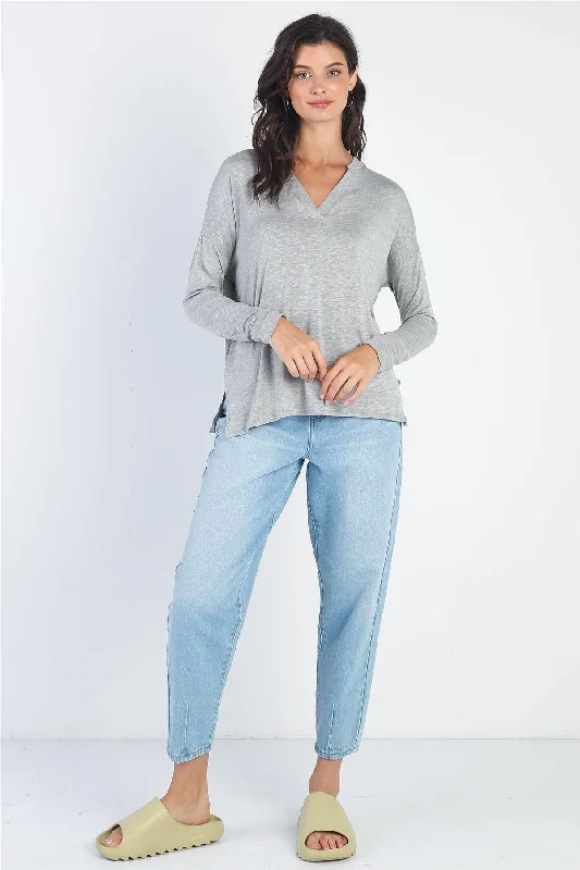 Heather Grey V-Neck Cuff Long Sleeve Top /1-1-1