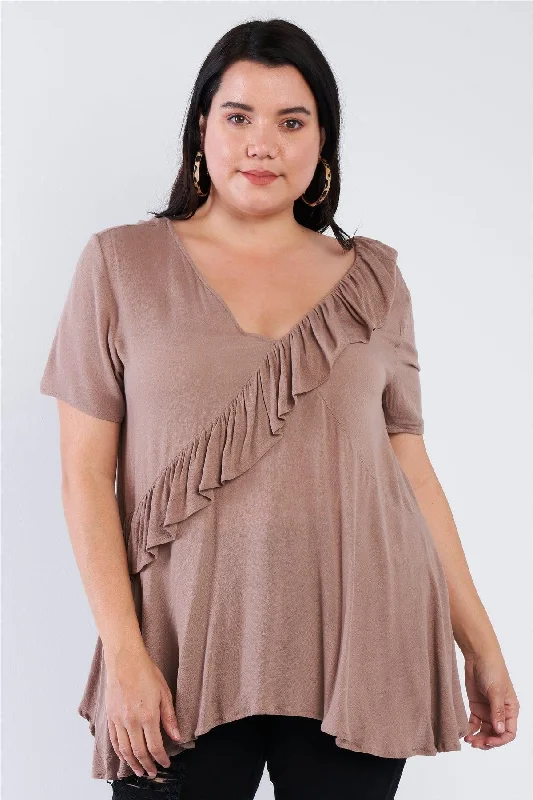 Plus Size Mocha Brown V-Neck Diagonal Ruffle Trim Short Sleeve Top /2-2-2VNeckTopFlow