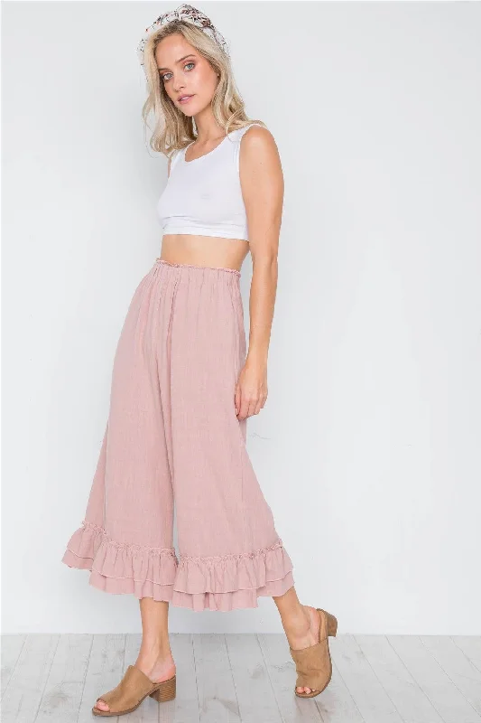 CaprisMauve High-Waist Ruffle Hem Wide Leg Boho Pants /3-2-1