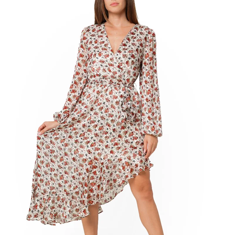 Women's Floral Asymmetrical Ruffle Hem Wrap Dress In Victoria GardenEmbroidered Dress