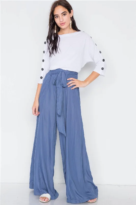 Boyfriend JeansSatin Indian Blue Wide Flare Leg Hight-Waist Pants /3-2-1