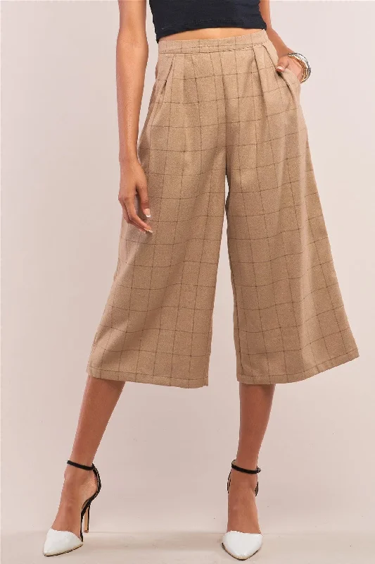 Formal PantsCamel Plaid Checkered High Waisted Pleated Detail Wide Leg Pants /2-1-2-1