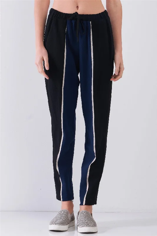 Pleated PantsBlack & Navy Colorblock High-Waisted Self-Tie Waistline Side Pockets Chinos Pants /1-2-1