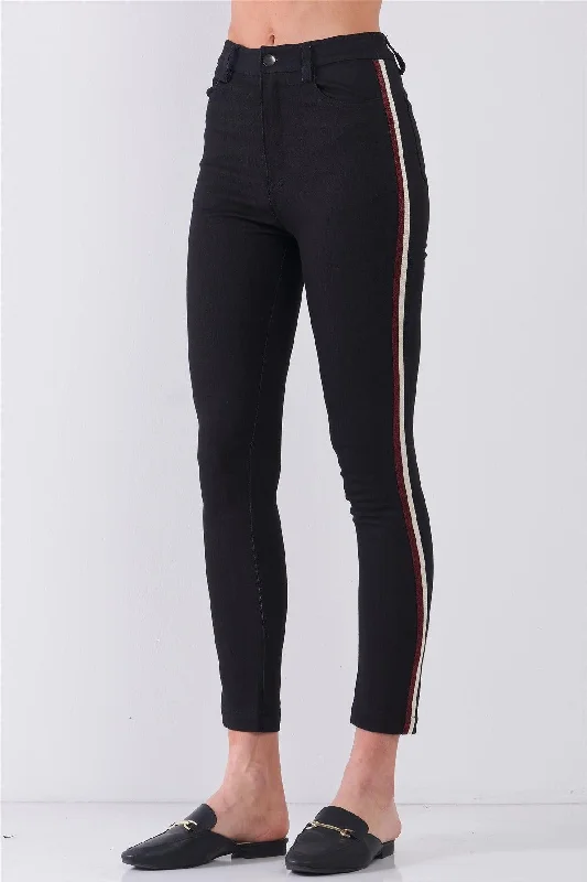 Athletic PantsBlack Mid-Rise Glitter Multi-Stripe Side Trim Detail Skinny Pants /1-2-2-1