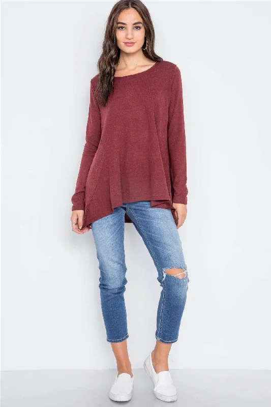 Wine Long Sleeve Loose Fit Solid Top /2-2