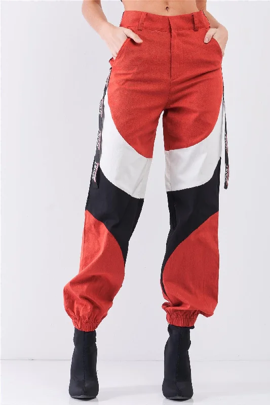 Fleece-lined PantsRust Red High Waist Sport Print Detail Parachute Cargo Pants /3-2-1