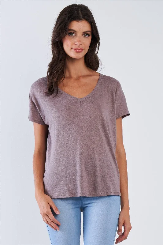 Mocha Shortsleeved Backside Cookie Cut Out V-Neck Loose Fitting Casual Top /3-2-1VNeckTopBlaze