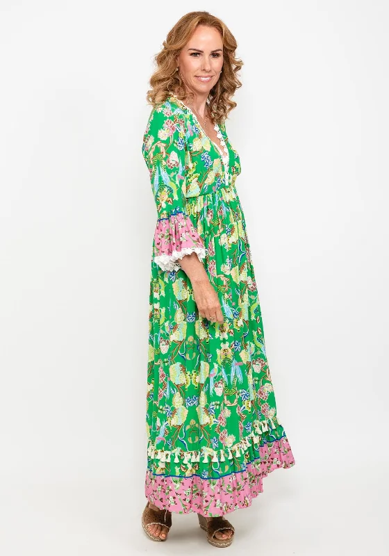 Seventy1 One Size Floral Bell Sleeve Maxi Dress, GreenFit-and-Flare Dress