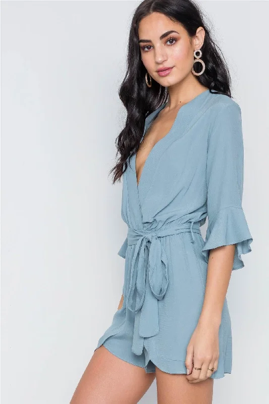 Blue Surplice V-Neck 3/4 Bell Sleeve Boho Romper / 1-3-2-1-1VNeckTopVortex