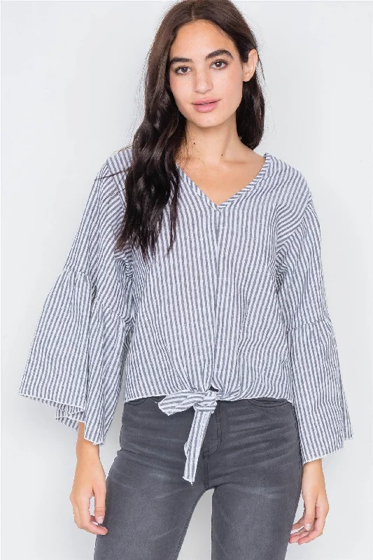 Grey & White Stripe V-Neck Cotton Bell Sleeve Top /2-2-2VNeckTopCosmo