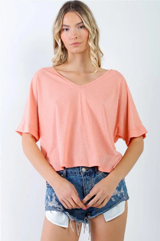 Coral Textured V-Neck Relaxed Short Sleeve Top /2-2-1VNeckTopCentaur