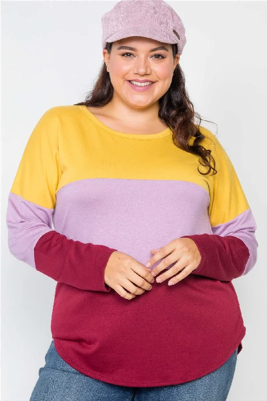 Plus Size Colorblock Long Sleeve Soft Knit Top /2-2-2