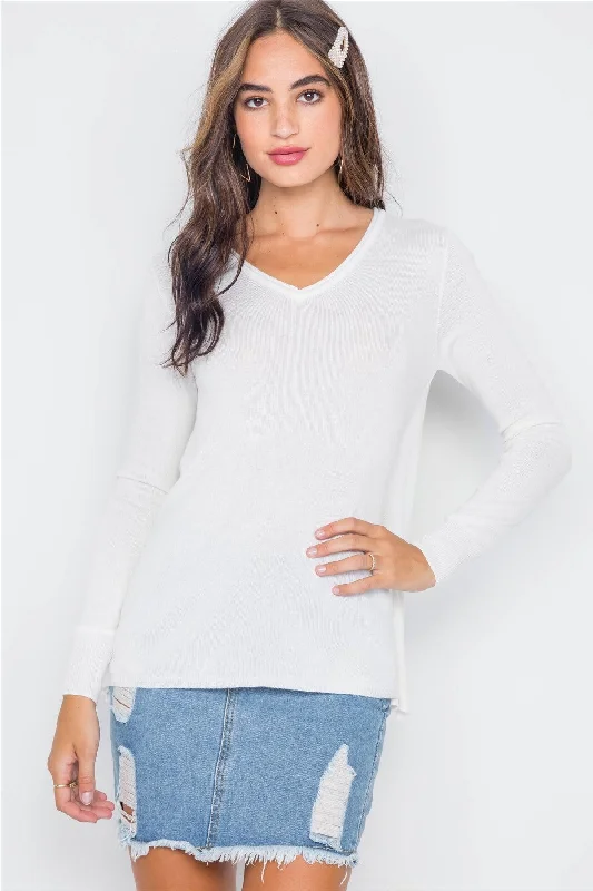 Ivory Knit Casual V-Neck Solid SweaterVNeckTopOrbit