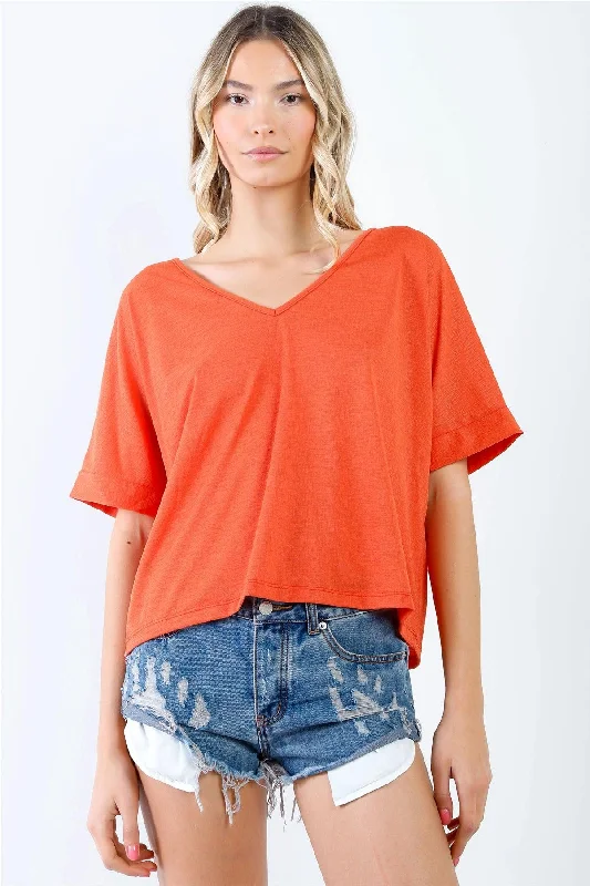 Orange Textured V-Neck Relaxed Short Sleeve Top /2-2-1VNeckTopKraken