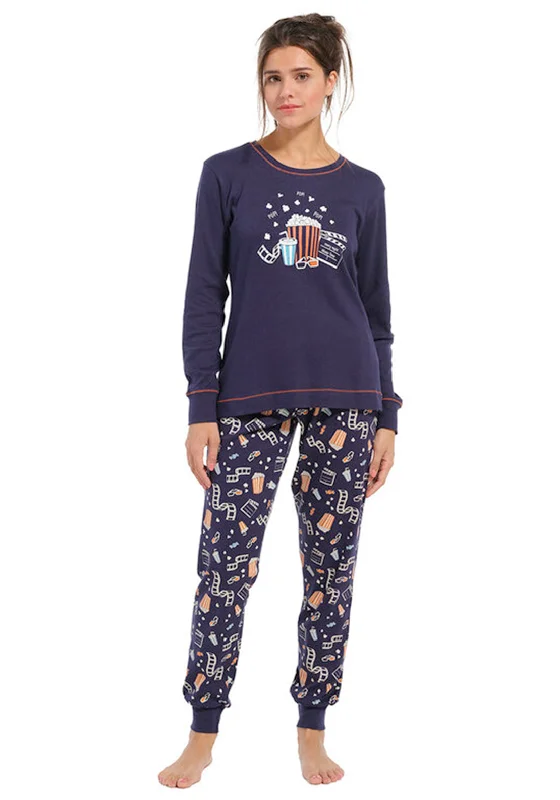 Pastunette Long Sleeve Popcorn Movie Night Pyjama Set, Dark Blue