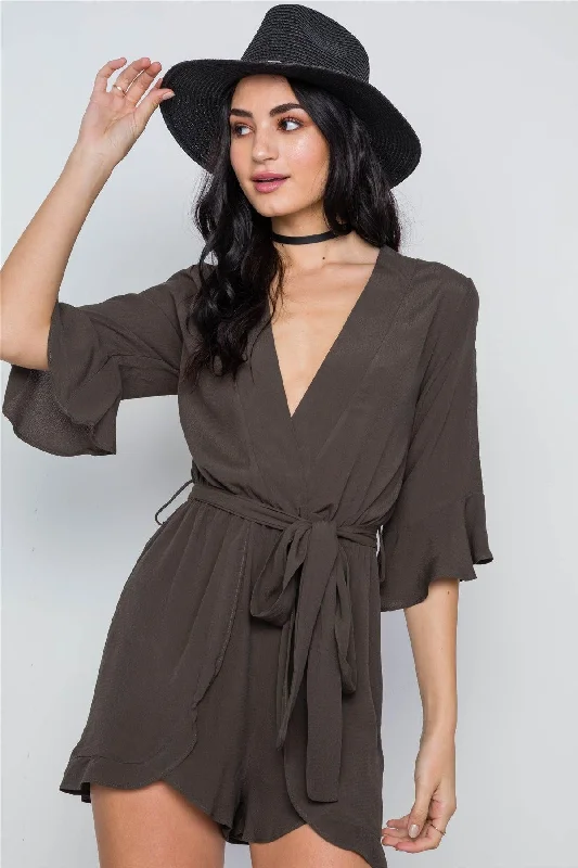 Olive Surplice V-Neck 3/4 Bell Sleeve Boho Romper  / 1-3-2-1-1VNeckTopHorizon