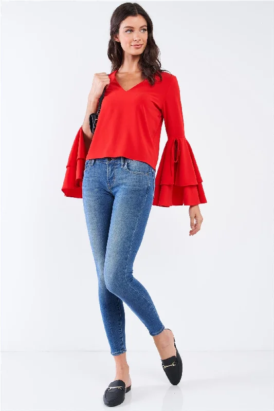 Crimson Red V-Neck Long Bluebell Slit Draw String Tie Double Frill Sleeve Top /1-2-2-1VNeckTopSpark