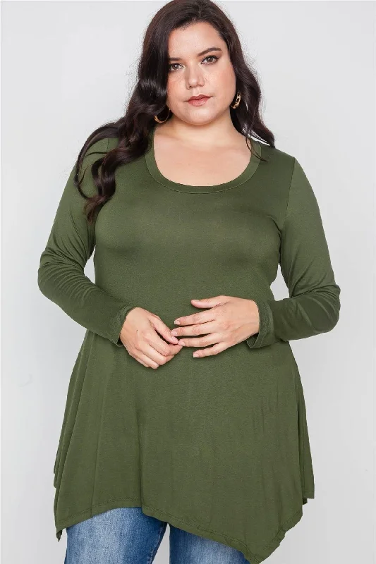 Plus Size Olive Green Long Sleeve Basic Top