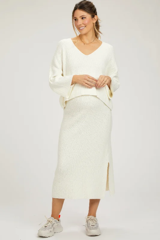 Cream V-Neck Knit Maternity Skirt SetVNeckTopTide