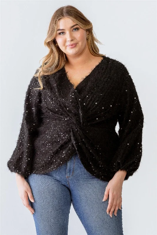 Junior Plus Black Fuzzy Sequin Wrap Detail Long Sleeve Sweater /1-2-1