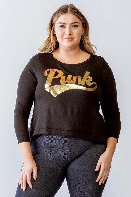 Junior Plus Size Black Gold "PUNK" Graphic Print Long Sleeves Sheer Back Hi-Lo Top /2-2-2