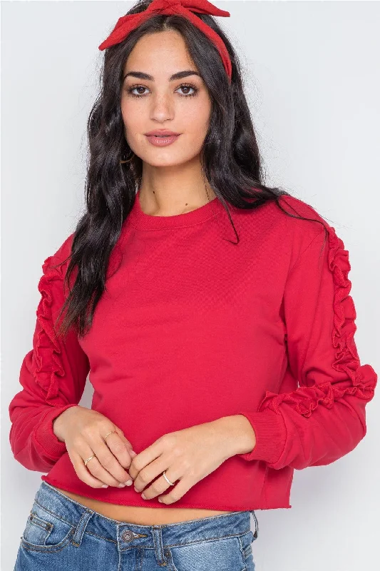 Red Crew Neck Long Sleeve Ruffle Sweater /1-2-2-1