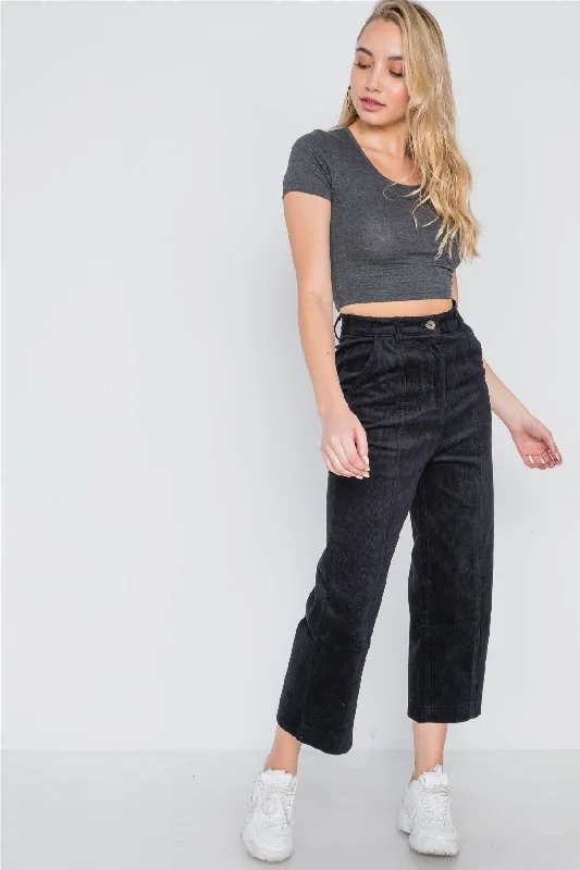 Lounge PantsBlack Corduroy Wide Leg Cropped Pants /2-2