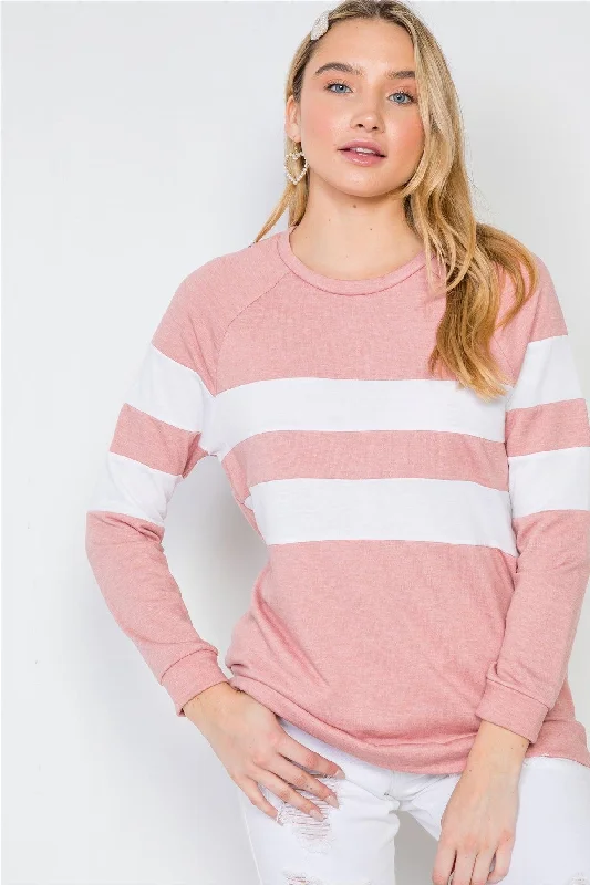 Mauve long Sleeve Colorblock Casual Sweater /2-2-2