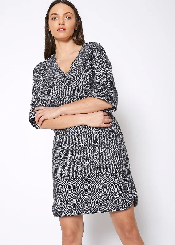 V-Neck Brushed Cotton Check Dress In Grey PlaidMilitary Dress