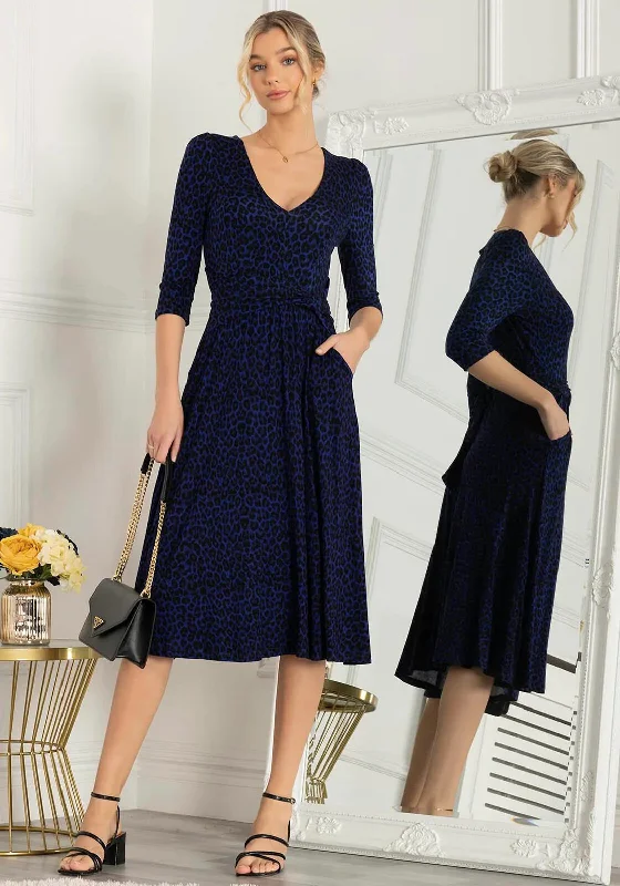 Jolie Moi Delylah Leopard V Neck Midi Dress, BlueShort-sleeve Dress