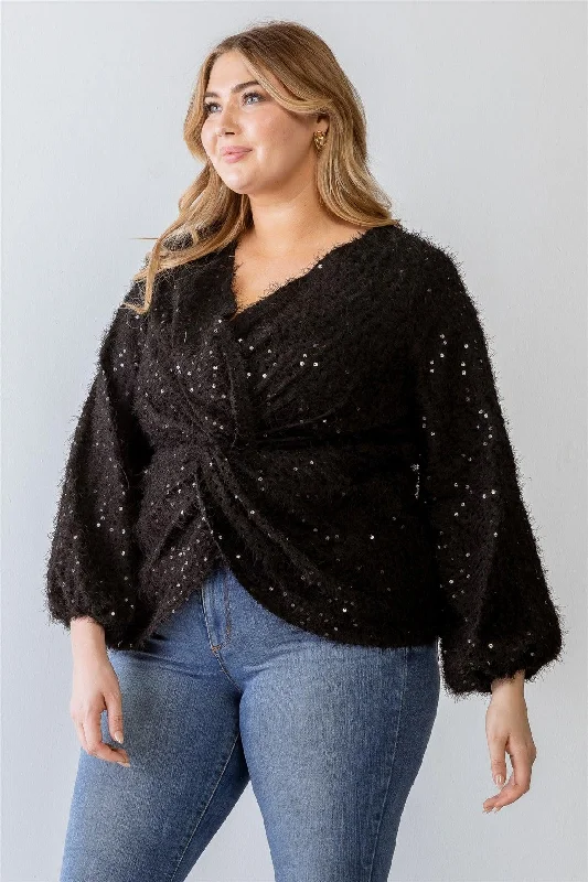 Junior Plus Black Fuzzy Sequin Wrap Detail Long Sleeve Sweater /3-2-1