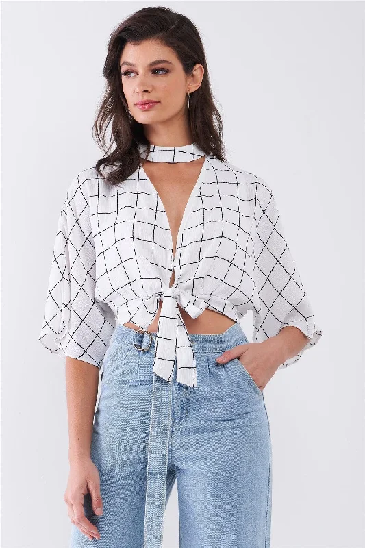 White & Black Windowpane Check Print Self-Tie V-Neck Front Wide Sleeve Crop Top /2-1-2VNeckTopFlow