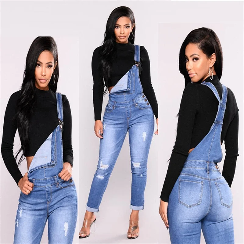 H&M2019 new fashion casual commuter hole fashion elastic one-piece denim overalls women's jeans